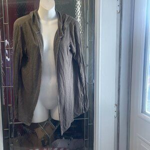 TAHARI Open Cardigan 100% Linen Long Sleeve Hooded Lightweight Green size L